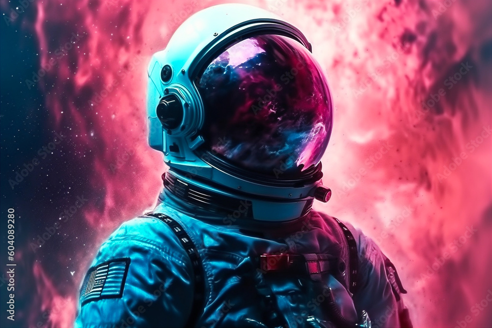 Man in space suit inside softy glowing pink and blue galaxy. Surreal background. Generative AI Man in space suit inside softy glowing pink and blue galaxy. Surreal background. Generative AI