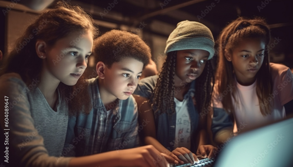 Fototapeta premium Caucasian and African girls studying with laptops indoors generated by AI