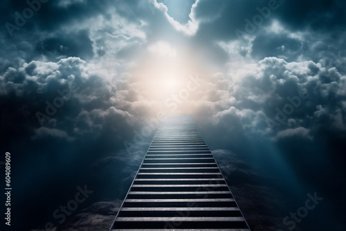  Stairway to Heaven with bright white light on the top. Life after death concept. Generative AI.