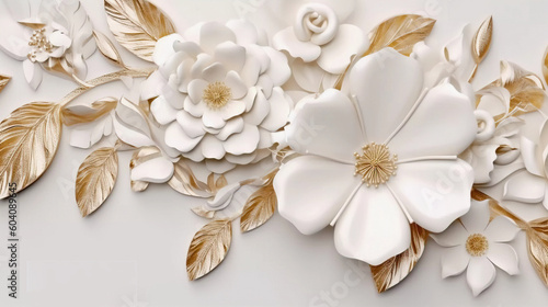 3D Flowers Floral Wallpaper Wall Art Design Decor White Gold Luxus Premium AI Generated