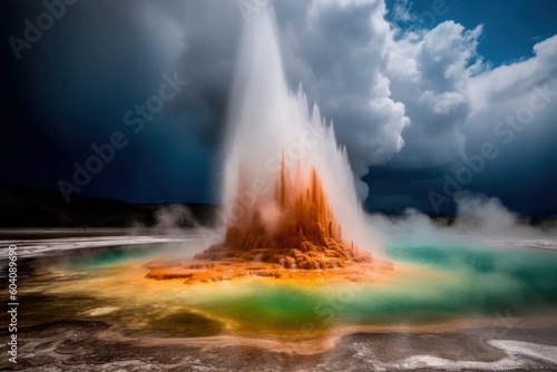 Beautiful eruption of a big geyser. Geyser landscape with emissions of hot water. Dark clouds on background. High quality photo