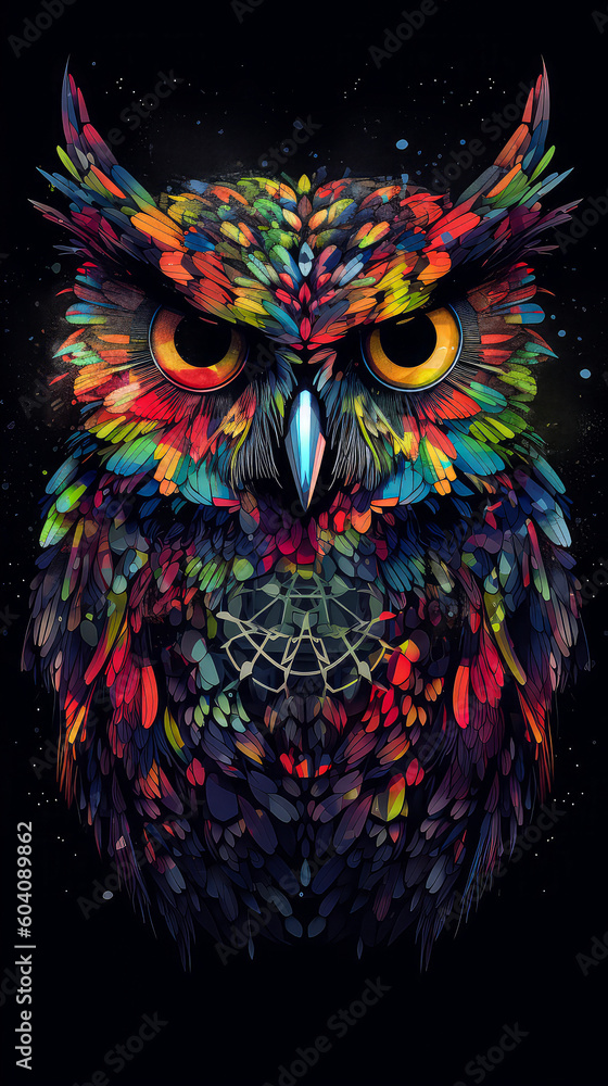 Graphic portrait of an owl on a black background. Colorful, multicolored. Print for printing, tattoo, phone wallpaper, advertising. Generative AI Graphic portrait of an owl on a black background. Colorful, multicolored. Print for printing, tattoo, phone wallpaper, advertising. Generative AI
