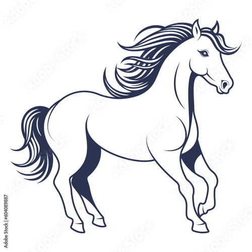 Vector image of a horse with a long mane and tail on a white background. Design elements for logo  label  emblem  and sign.