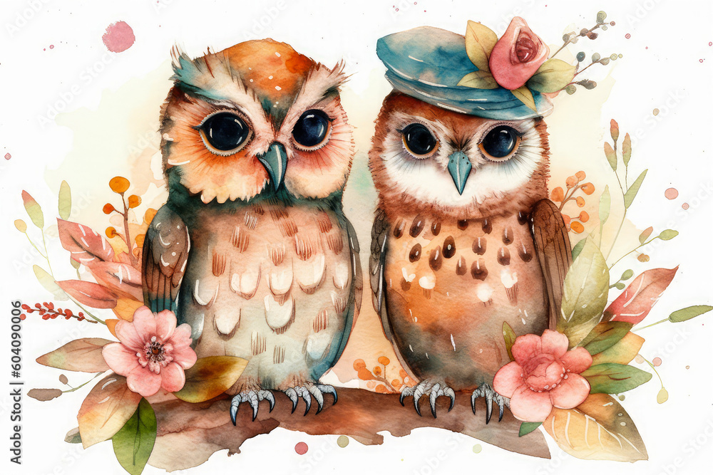 Two cute owls in love surrounded by flowers on a romantic Valentine's Day in a hand-drawn watercolor style. Horizontal postcard, poster, print. Generative AI