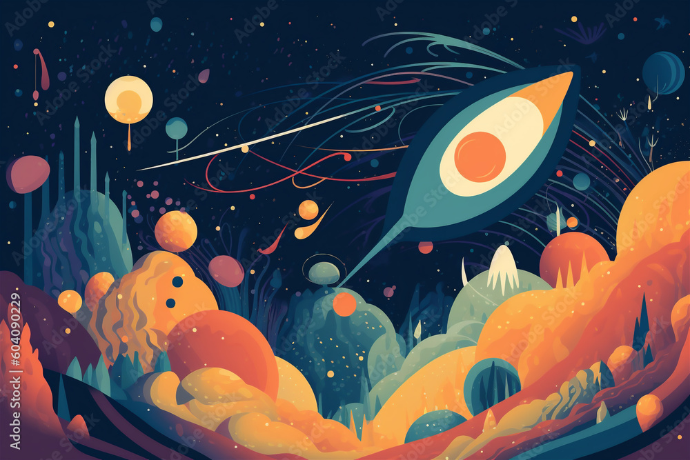 Fantasy alien sci-fi scene, big color block illustration style Fantasy alien sci-fi scene, big color block illustration style