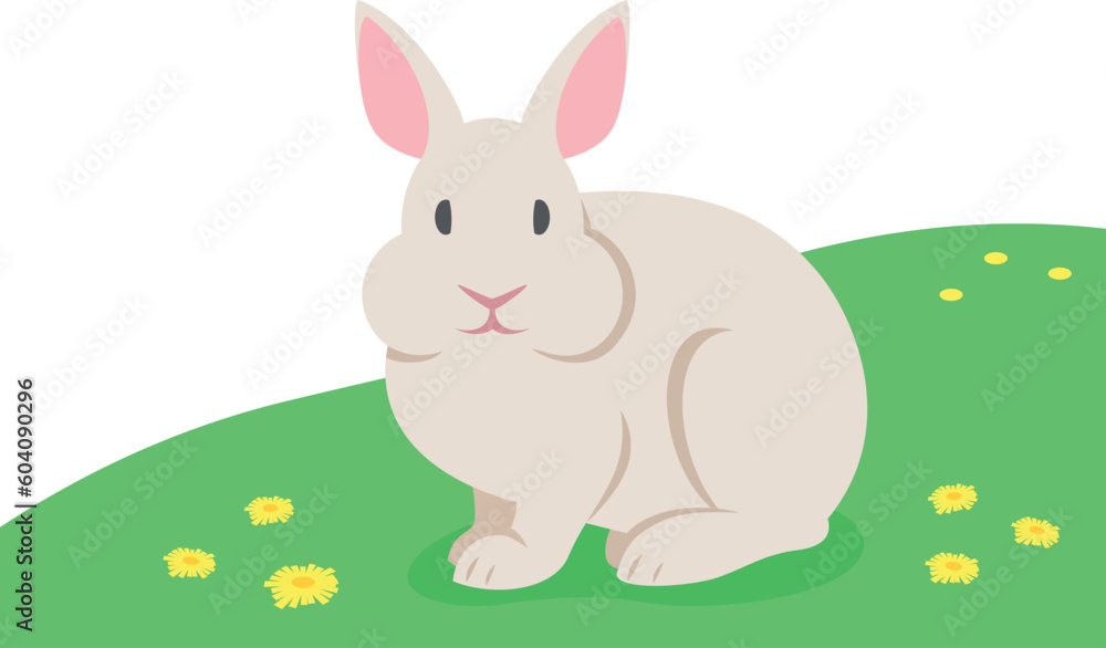 Obraz premium Cute little rabbit sitting on the green grass. Domestic farm animal. Flat cartoon illustration of bunny. Spring meadow background
