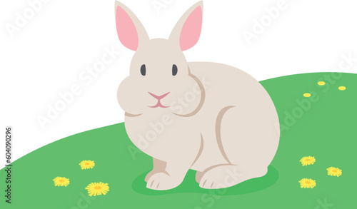 Cute little rabbit sitting on the green grass. Domestic farm animal. Flat cartoon illustration of bunny. Spring meadow background © vectorikart