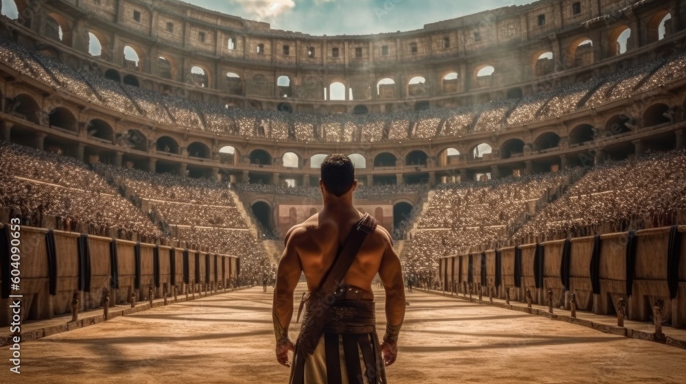 Anchient roman gladiator entering. Generative AI - obrazy, fototapety, plakaty 