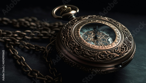Antique pocket watch on leather table, timeless elegance generated by AI