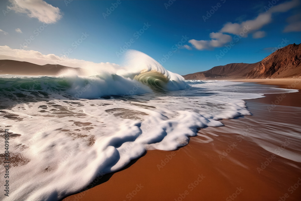 an ocean shore break in front view. Dangerous shore breaking wave. Huge stormy foamy wave. Tsunami. Warning. Powerful ocean waves along of the coast an ocean shore break in front view. Dangerous shore breaking wave. Huge stormy foamy wave. Tsunami. Warning. Powerful ocean waves along of the coast