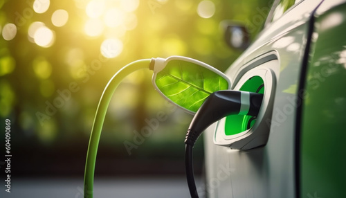 Green handle pumps biofuel for hybrid vehicle generated by AI photo