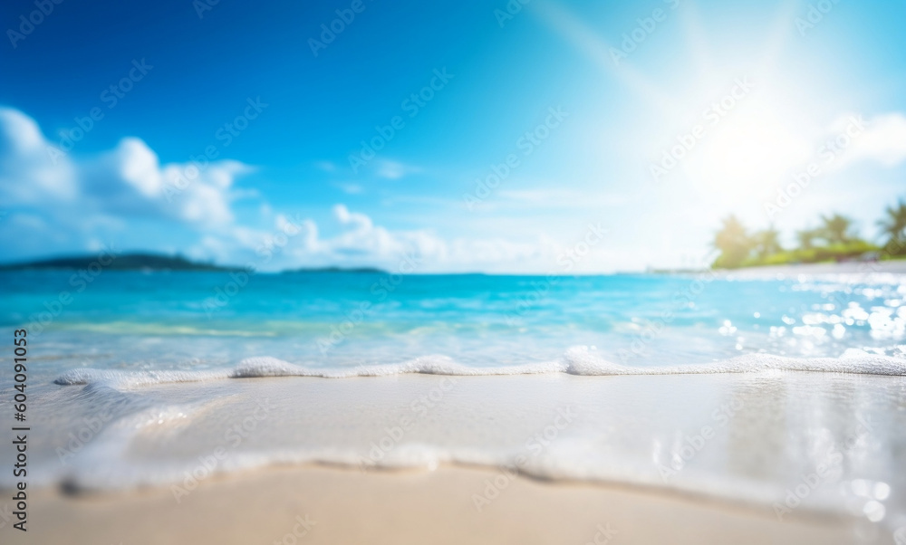 Serene tropical summer beach with defocused natural background, generative AI