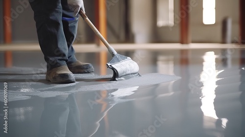 Genarative AL Worker, coating floor with self-leveling epoxy resin in industrial photo