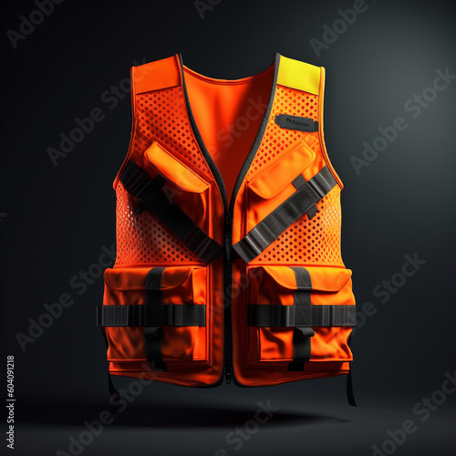 A safety vest that is bright in color and has stripes that can reflect light. 3d illustration and isolated on plain background. 