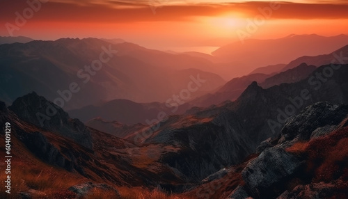 Majestic mountain range, back lit by sunset generated by AI © Stockgiu