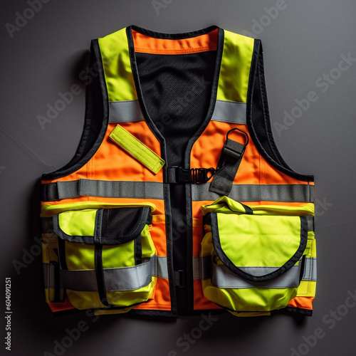 A safety vest that is bright in color and has stripes that can reflect light. 3d illustration and isolated on plain background. 