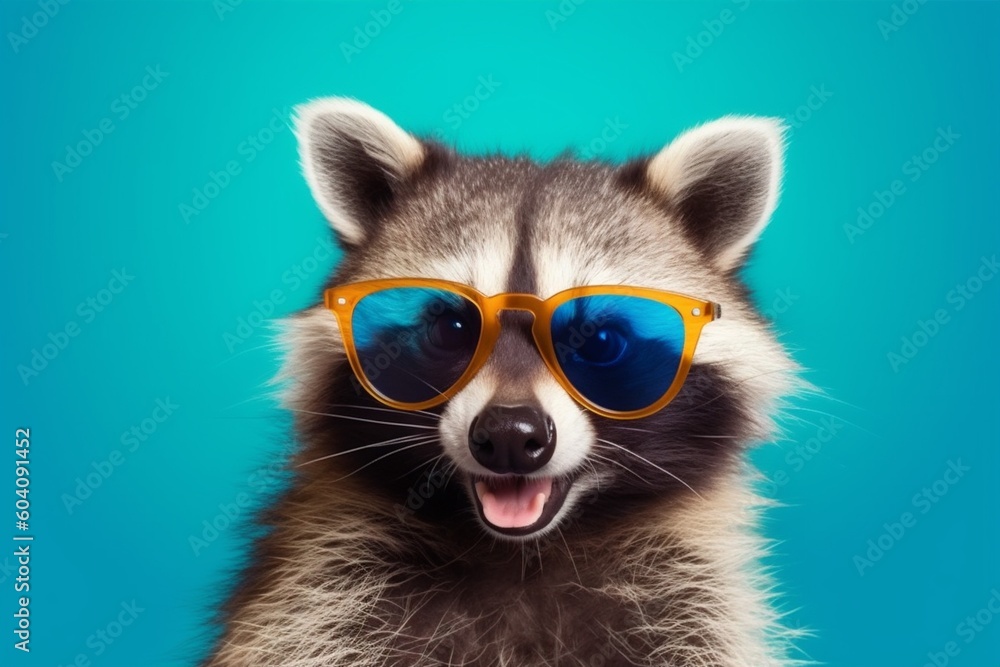 animal young raccoon glasses pet background party portrait fun music ai. Generative AI.