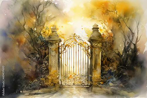 Gates of paradise. Boundless cloudy shining sky. Door to bright future. Watercolor. Generative AI photo