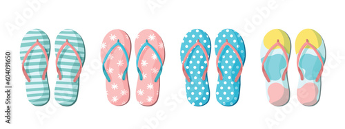 Vector set with colorful summer flip flops for beach holiday designs. Flip flops set isolated on white background. Slippers summer set
