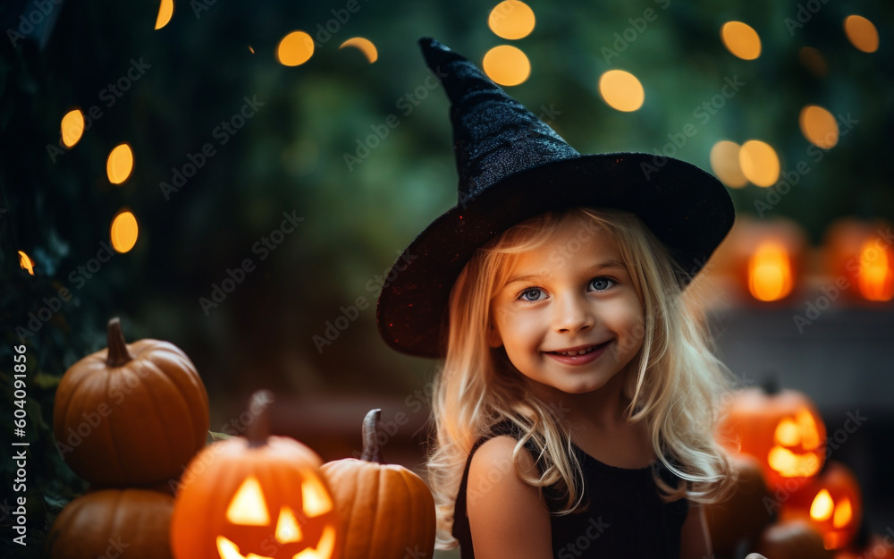 Young girl in a black witch costume with pumpkins. Happy child on Halloween. Generative AI Young girl in a black witch costume with pumpkins. Happy child on Halloween. Generative AI