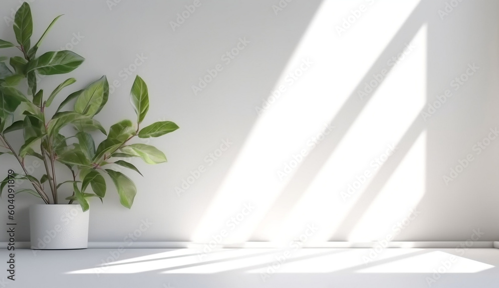 Smooth Minimalistic Space with Blurred Foliage Shadow for Presentations on White Wall, generative AI Smooth Minimalistic Space with Blurred Foliage Shadow for Presentations on White Wall, generative AI
