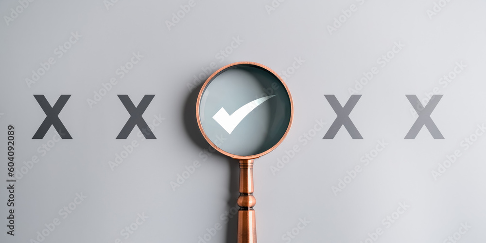 Magnifier enlarging the correct or check mark on gray background. Business industrial quality control and voting concept. Approval and Contract assignment theme. - obrazy, fototapety, plakaty 