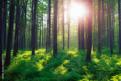 Sun rays in the forest. AI Generated