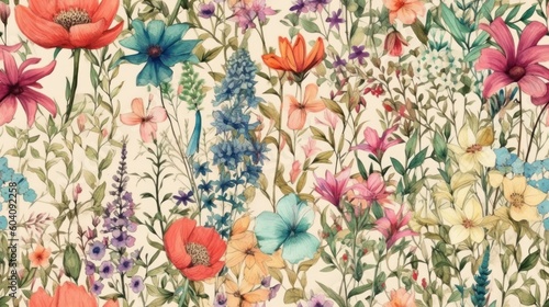 Seamless blooming flowers pattern in watercolor paint style