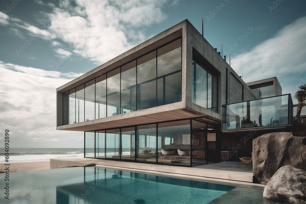 Modern home with sea view. AI generated Modern home with sea view. AI generated