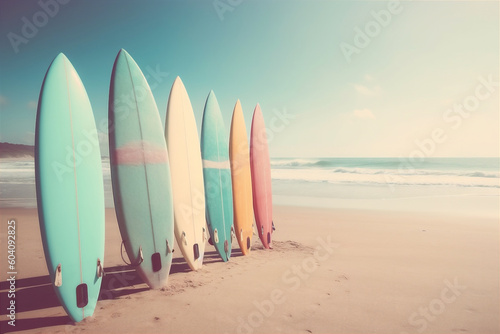 Patel surfboards on tropical beach. Retro colors toned image. Generative AI. © Oksana Kumer