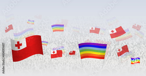 People waving Peace flags and flags of Tonga. Illustration of throng celebrating or protesting with flag of Tonga and the peace flag.