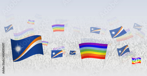 People waving Peace flags and flags of Marshall Islands. Illustration of throng celebrating or protesting with flag of Marshall Islands and the peace flag.