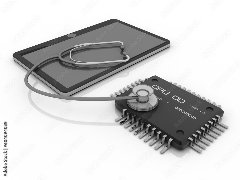 3d rendering microchips with mobile phone protected stethoscope 3d rendering microchips with mobile phone protected stethoscope