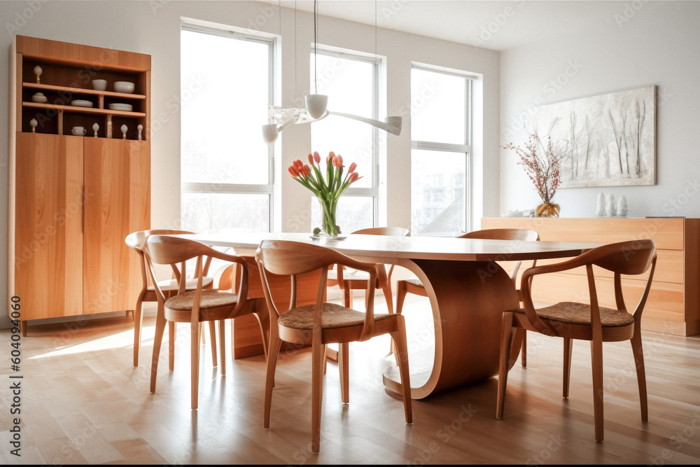 Wooden dining table and chairs with sleek, minimalist design