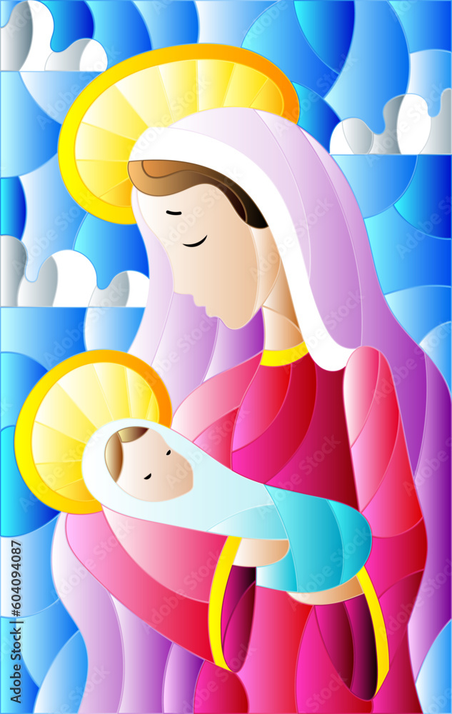 Illustration in stained glass style on biblical theme, Jesus baby with Mary , abstract figures on sky background with clouds, rectangular image Illustration in stained glass style on biblical theme, Jesus baby with Mary , abstract figures on sky background with clouds, rectangular image