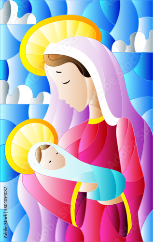 Illustration in stained glass style on biblical theme, Jesus baby with Mary , abstract figures on sky background with clouds, rectangular image