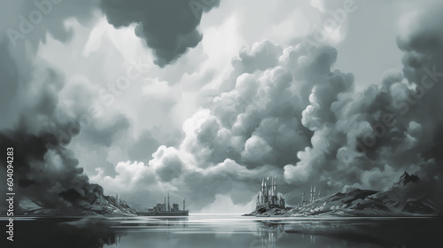 smoke background in black and white, in the style of romantic moonlit seascapes, mist. Generative Ai Illustration. 