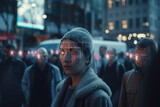 People crowd at city street tracking by surveillance camera. Face recognition and personal identification technologies system. Created with Generative AI