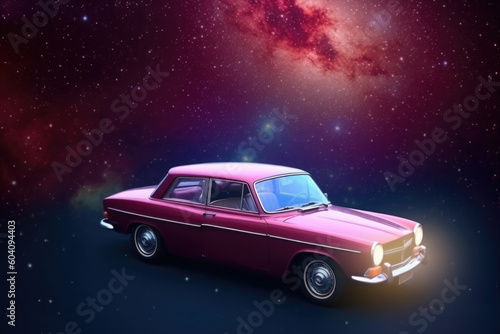 Futuristic retro car on galaxy and nebula background. Vehicle in space for futuristic travel. Creative spaceship. Created with Generative AI