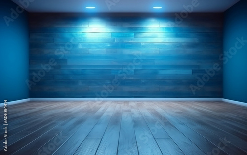 Modern empty blue interior with intriguing light reflections on wooden floor for presentations, generative AI © Ash