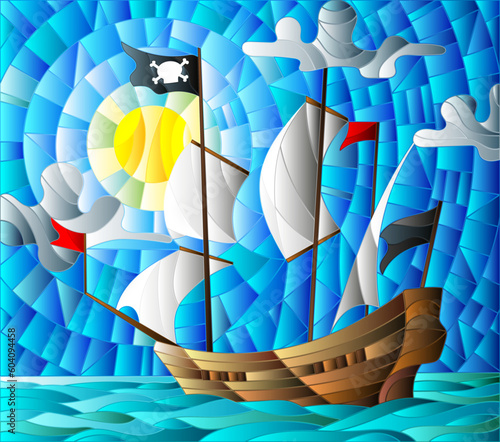 Illustration in stained glass style with a pirate ship in the sun, a cloudy sky and ocean background