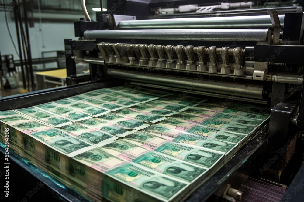 Process of printing dollar banknotes. Printing machine prints money. Economic and finance concept. Created with Generative AI Process of printing dollar banknotes. Printing machine prints money. Economic and finance concept. Created with Generative AI