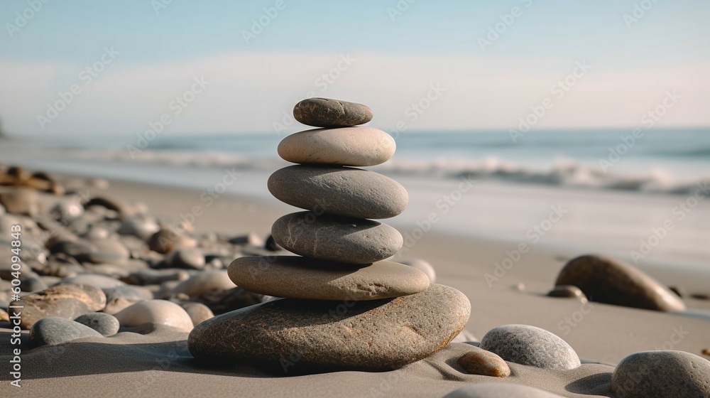 Meditation Stones Stacked on a Tranquil Beach
