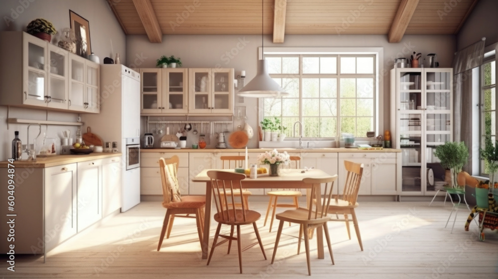 Stylish kitchen interior with morning light in large window. Cozy scandi style kitchen background. Created with Generative AI Stylish kitchen interior with morning light in large window. Cozy scandi style kitchen background. Created with Generative AI