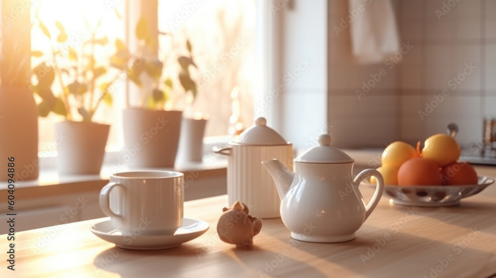 Fototapeta premium Kitchen wooden table top with breakfast at morning time. Scandinavian style vintage kitchen interior. Created with Generative AI