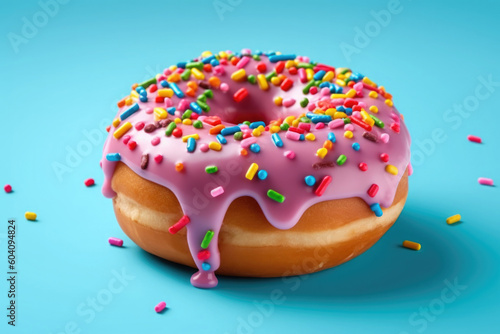 Delicious glazed donut. Frosted doughnut pink glazed and sprinkles on blue background. Traditional sweet snacks. Created with Generative AI