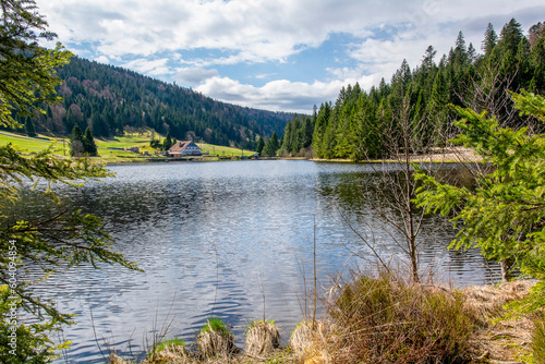 Lac typique de montagne et chalet sur l'autre rive - Lac de la Ténine dans les Vosges