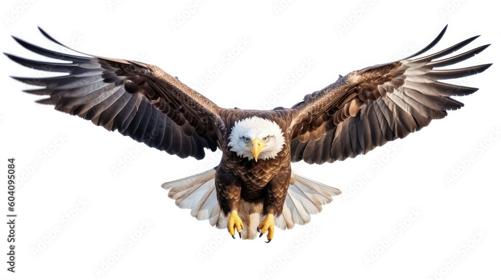 Bald eagle flying isolated on white background. Generative AI - obrazy, fototapety, plakaty 