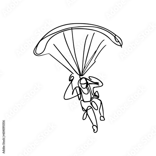 One line vector illustration. Skydiver in the sky. Minimalism. Paratrooper on a parachute.