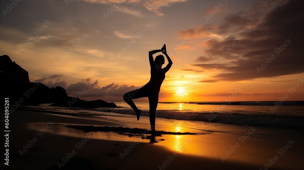 Yoga Poses Silhouette at Beach Sunset